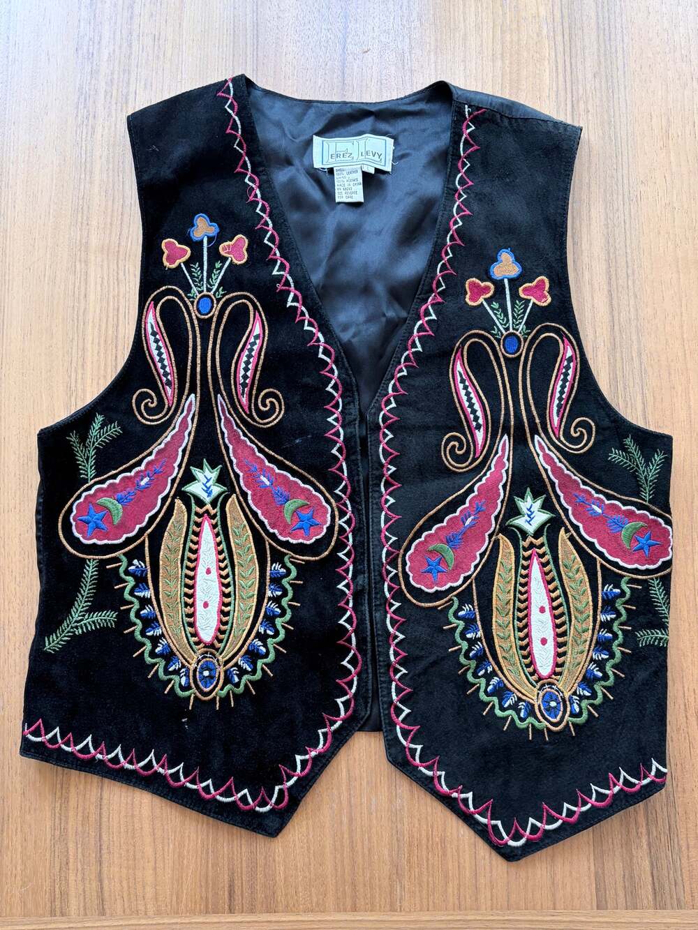 Vintage Erez Levy Black Suede Leather Embroidered Vest L, Celestial Paisley Boho